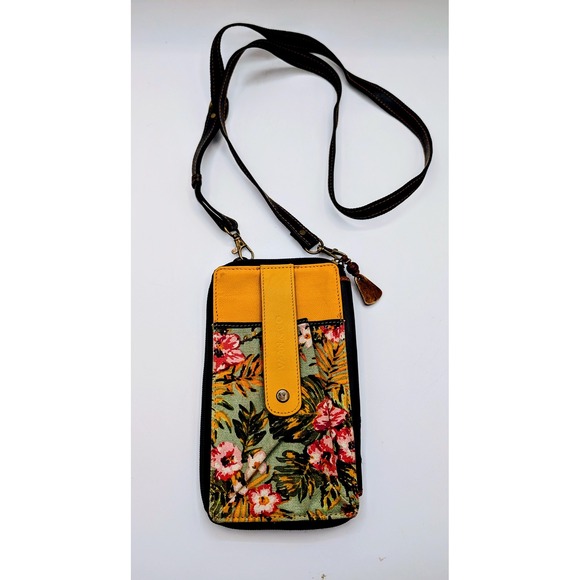 Vaan & Co Upcycled Leather Tropical Floral Crossbody Wallet Bag Yellow Black - Picture 2 of 15